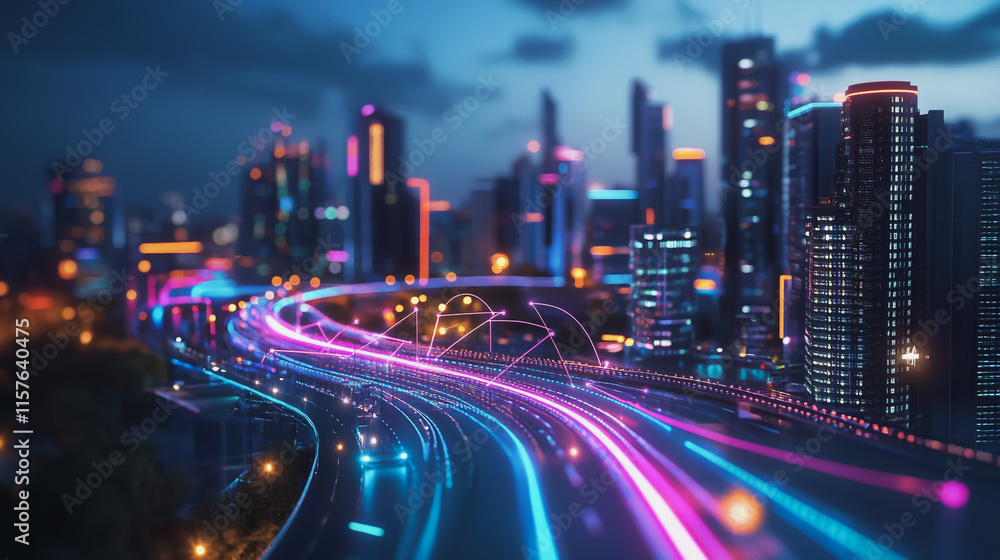Obraz premium Smart digital Innovation city with connection network reciprocity over the cityscape. of future smart wireless digital city and social media networking systems that connects people with in city