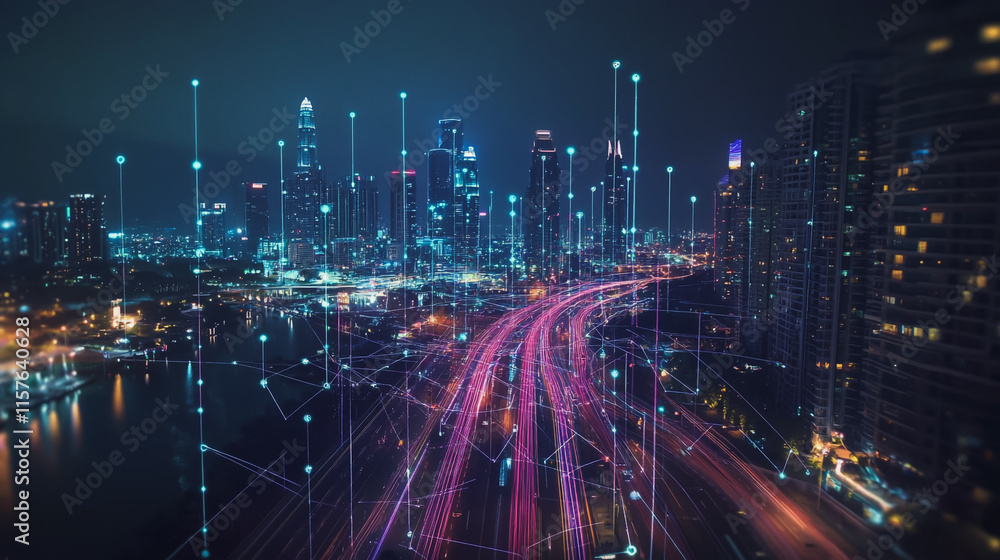 Smart digital Innovation city with connection network reciprocity over the cityscape. of future smart wireless digital city and social media networking systems that connects people with in city Smart digital Innovation city with connection network reciprocity over the cityscape. of future smart wireless digital city and social media networking systems that connects people with in city