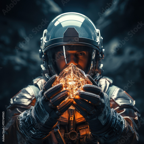 Astronaut Holding a Glowing Crystal photo