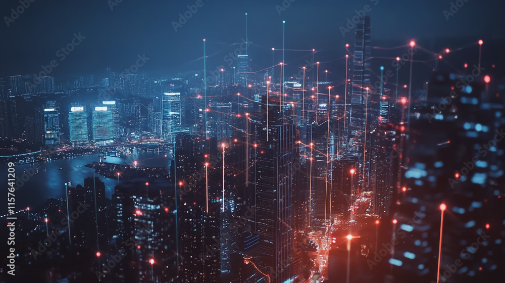 Smart digital Innovation city with connection network reciprocity over the cityscape. of future smart wireless digital city and social media networking systems that connects people with in city