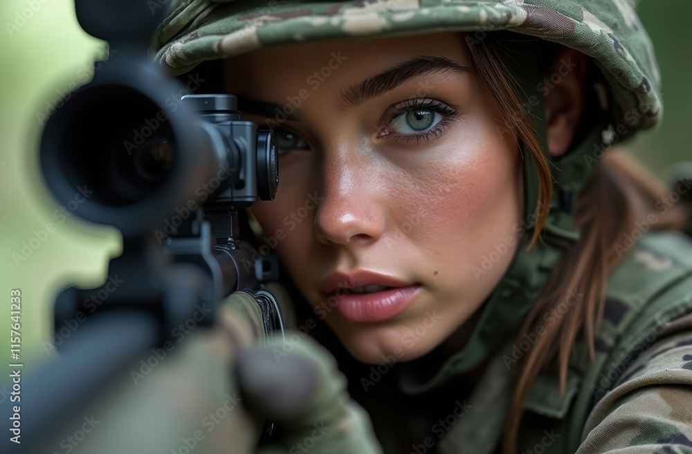 A portrait of a female sniper rifle shooter, deeply focused as she aims through her rifle scope
A portrait of a female sniper rifle shooter, deeply focused as she aims through her rifle scope