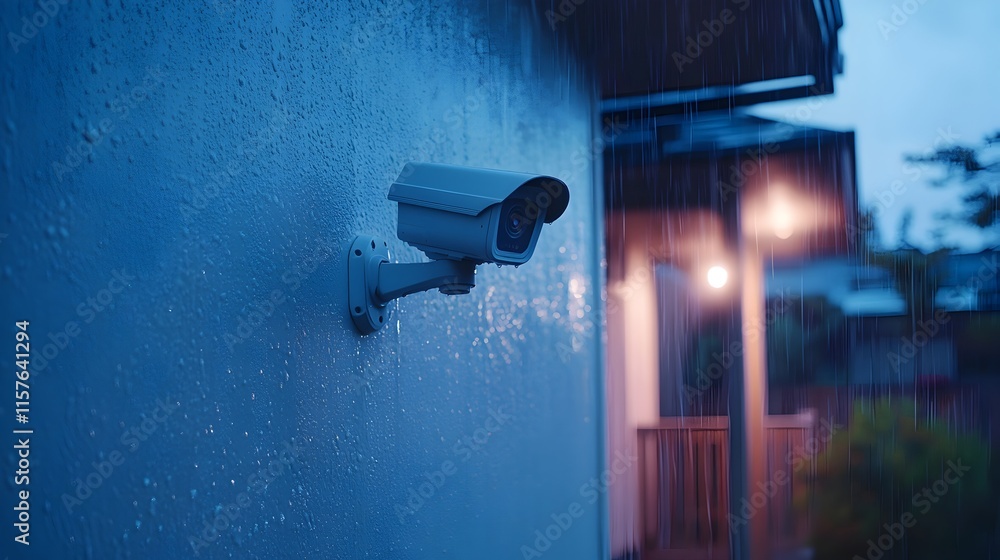 Nighttime Security Mounted on Modern House During Light Drizzle Rainy Atmosphere Nighttime Security Mounted on Modern House During Light Drizzle Rainy Atmosphere