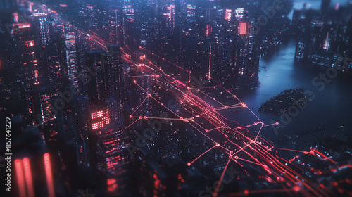 Smart digital Innovation city with connection network reciprocity over the cityscape. of future smart wireless digital city and social media networking systems that connects people with in city
