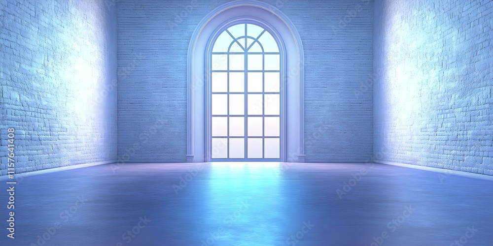 A serene, empty room with soft blue lighting and a large arched window allowing natural light to flood in. Concept Serene Room Design, Soft Blue Lighting, Natural Light, Arched Window Aesthetics A serene, empty room with soft blue lighting and a large arched window allowing natural light to flood in. Concept Serene Room Design, Soft Blue Lighting, Natural Light, Arched Window Aesthetics