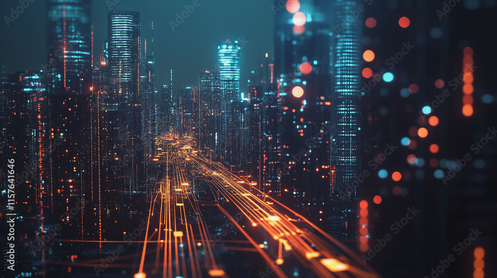 Smart digital Innovation city with connection network reciprocity over the cityscape. of future smart wireless digital city and social media networking systems that connects people with in city Smart digital Innovation city with connection network reciprocity over the cityscape. of future smart wireless digital city and social media networking systems that connects people with in city