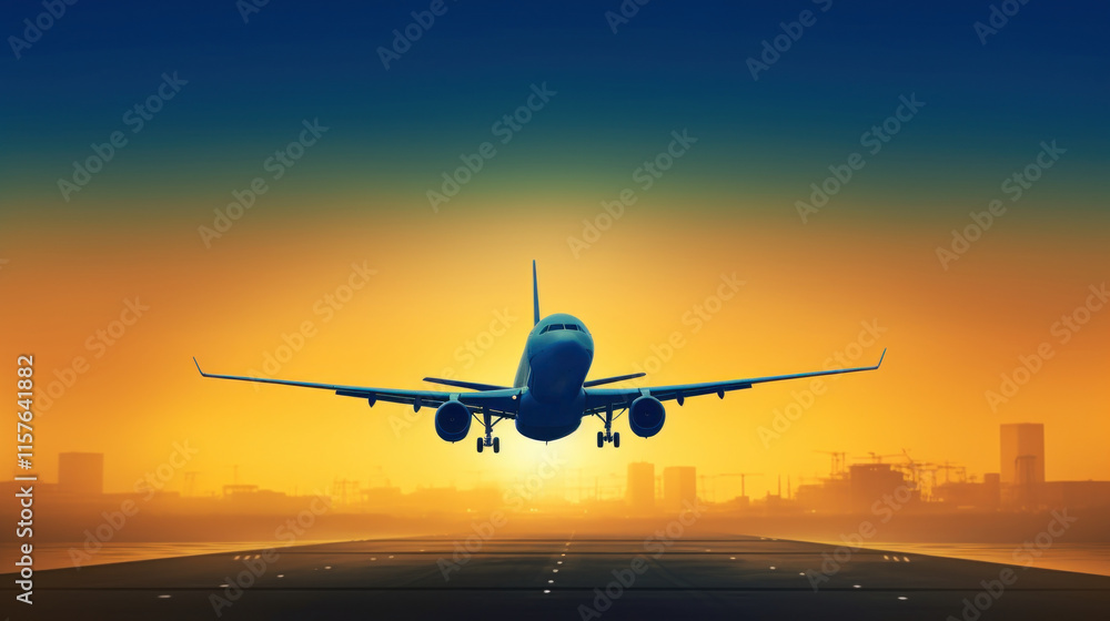 Airplane Landing on Runway at Sunset Airplane Landing on Runway at Sunset