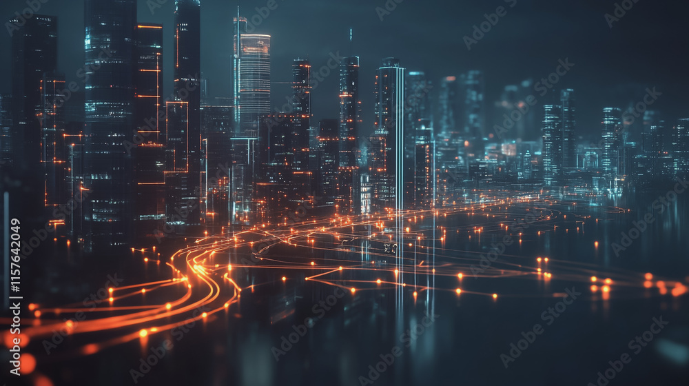 Fototapeta premium Smart digital Innovation city with connection network reciprocity over the cityscape. of future smart wireless digital city and social media networking systems that connects people with in city