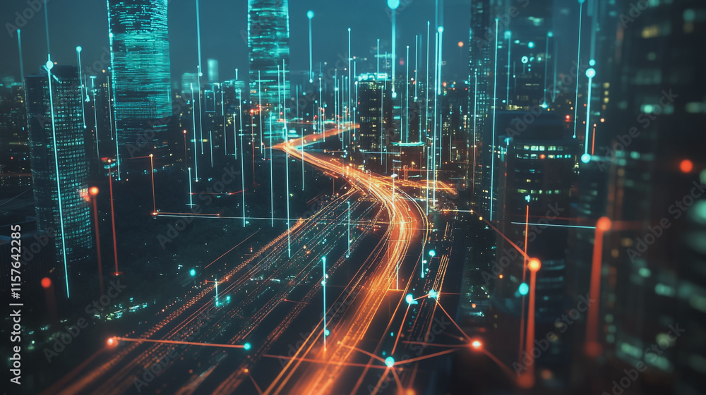 Fototapeta premium Smart digital Innovation city with connection network reciprocity over the cityscape. of future smart wireless digital city and social media networking systems that connects people with in city