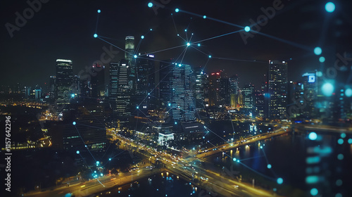 Wallpaper Mural Smart digital Innovation city with connection network reciprocity over the cityscape. of future smart wireless digital city and social media networking systems that connects people with in city Torontodigital.ca