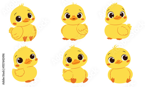 A set of flat vector illustrations in cute childish style. Cute ducklings in different poses with big cute eyes. Vector illustration