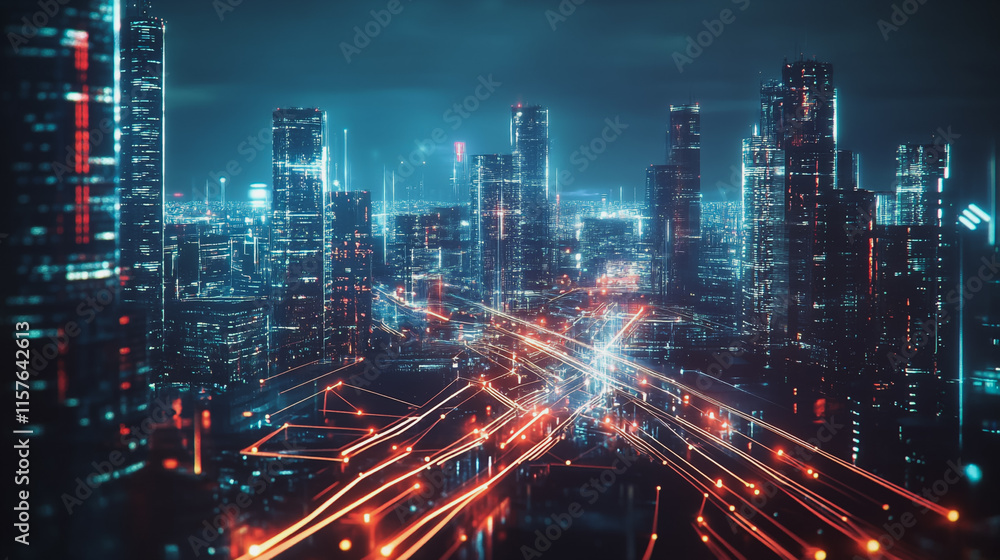 Naklejka premium Smart digital Innovation city with connection network reciprocity over the cityscape. of future smart wireless digital city and social media networking systems that connects people with in city