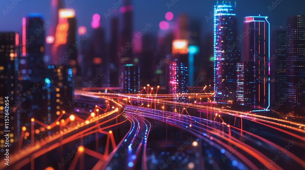 Fototapeta premium Smart digital Innovation city with connection network reciprocity over the cityscape. of future smart wireless digital city and social media networking systems that connects people with in city
