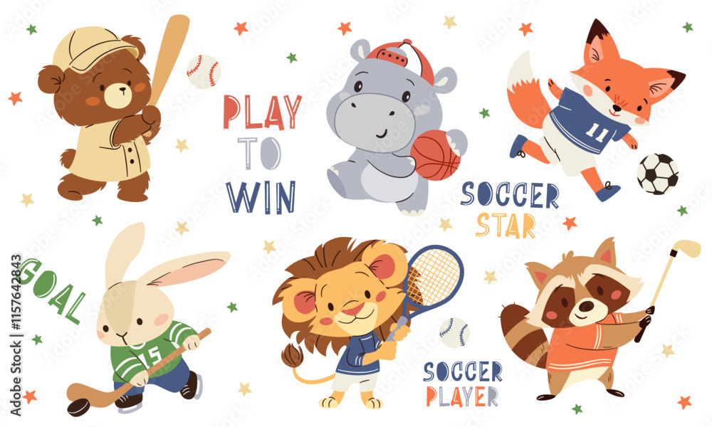Obraz premium A set of flat vector illustrations in a simple children's style. Cute animals playing sports, fox in soccer, raccoon in golf, hippo in basketball, hare in hockey, stars, lettering. Vector illustration