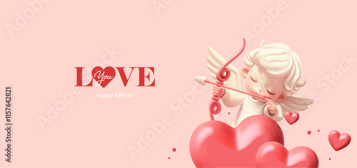Banner with cute cupid and hearts, 3D. I love you. Greeting, gift, wedding, anniversary. Vector illustration.