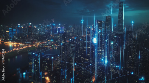 Wallpaper Mural Smart digital Innovation city with connection network reciprocity over the cityscape. of future smart wireless digital city and social media networking systems that connects people with in city Torontodigital.ca