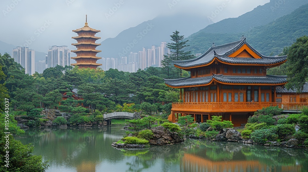 Serene Asian temple and pagoda reflected in a calm pond, surrounded by lush greenery and modern city skyline in the background. Serene Asian temple and pagoda reflected in a calm pond, surrounded by lush greenery and modern city skyline in the background.