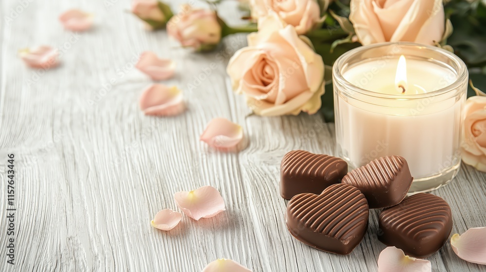 Relaxing Ambiance with Candlelight and Chocolates on Rustic Table Relaxing Ambiance with Candlelight and Chocolates on Rustic Table