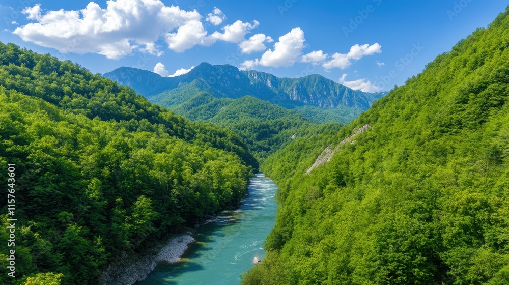 Serene Nature Landscape with Lush Green Hills and Flowing River Under Blue Sky Serene Nature Landscape with Lush Green Hills and Flowing River Under Blue Sky