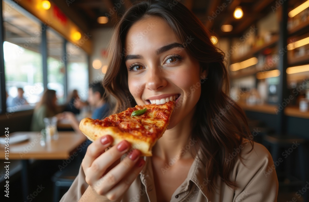 A portrait of a beautiful woman, aged 27–35, enjoying a slice of pizza in a bustling restaurant chain A portrait of a beautiful woman, aged 27–35, enjoying a slice of pizza in a bustling restaurant chain