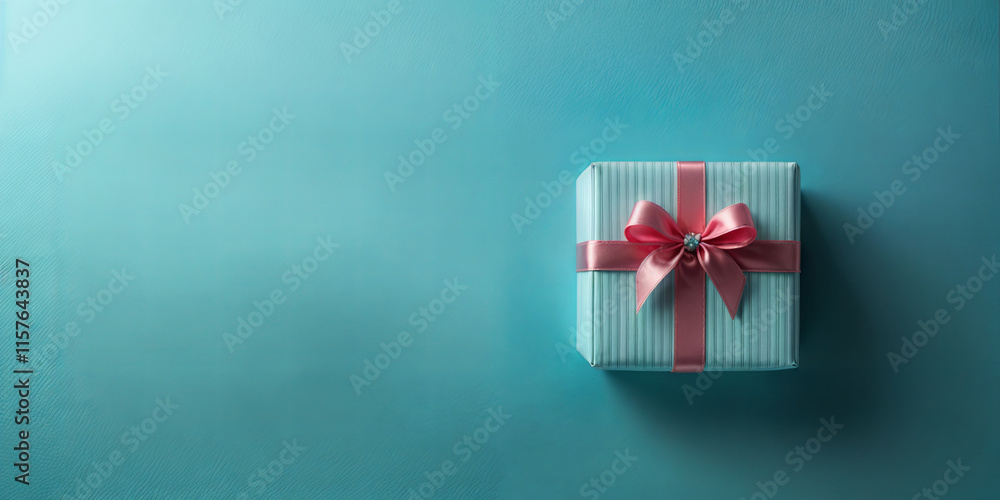A neatly wrapped gift box sits on a blue surface, featuring a striped design and topped with a pink satin ribbon. This arrangement signifies celebration and joy A neatly wrapped gift box sits on a blue surface, featuring a striped design and topped with a pink satin ribbon. This arrangement signifies celebration and joy