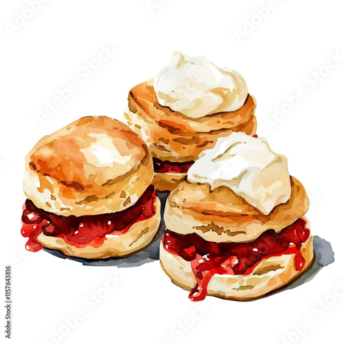 A watercolor vector of British scones with clotted cream and jam, isolated on a white background. British scones vector.
