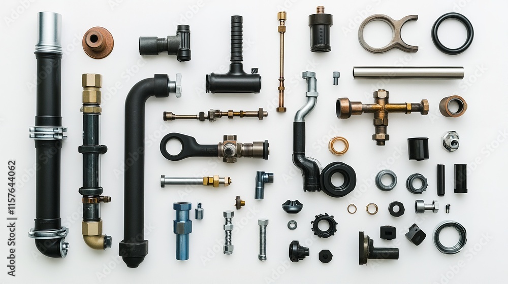 Industrial Plumbing Components Displayed in Minimalist Style on White Background Industrial Plumbing Components Displayed in Minimalist Style on White Background