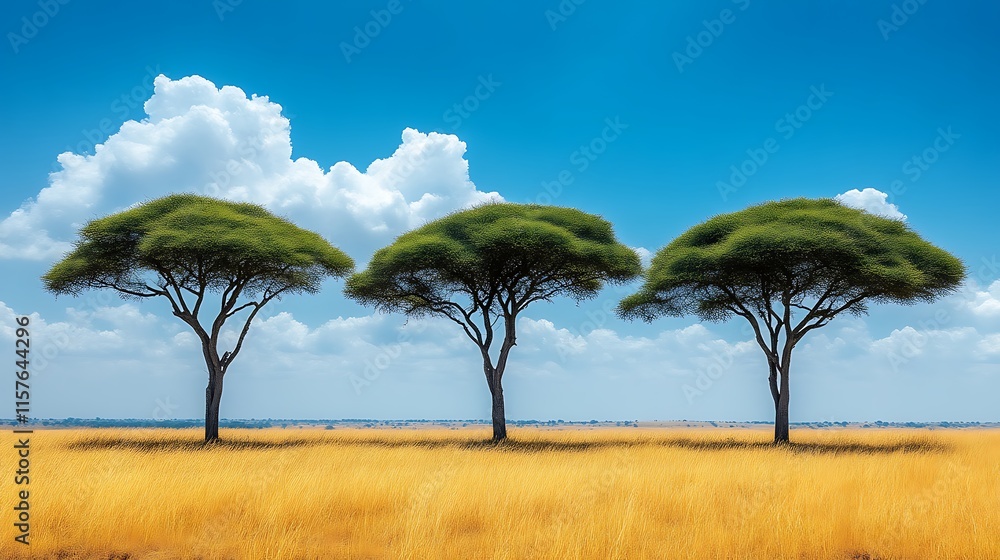 Three acacia trees stand tall in a golden savanna Three acacia trees stand tall in a golden savanna