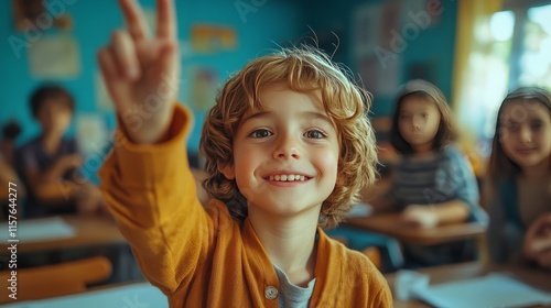 A confident child raising their hand in a vibrant classroom, blurred classmates sitting at desks behind 