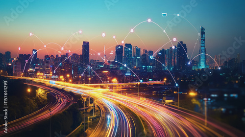 Smart digital Innovation city with connection network reciprocity over the cityscape. of future smart wireless digital city and social media networking systems that connects people with in city