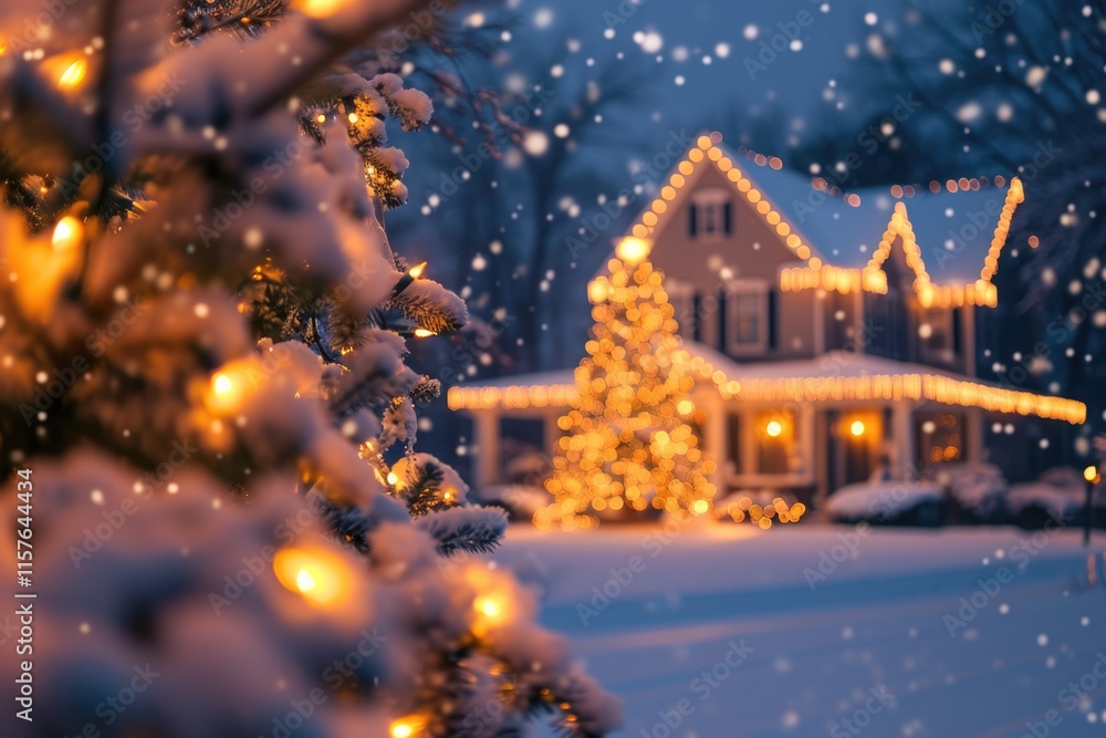 Fototapeta premium Merry Glow: Festive Christmas House Lights at Night