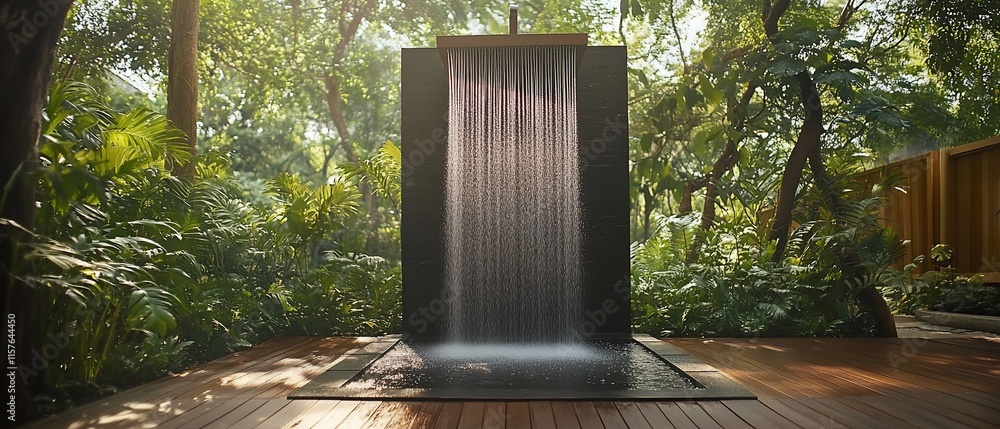 Fototapeta premium Tranquil outdoor shower with waterfall feature in lush garden setting.
