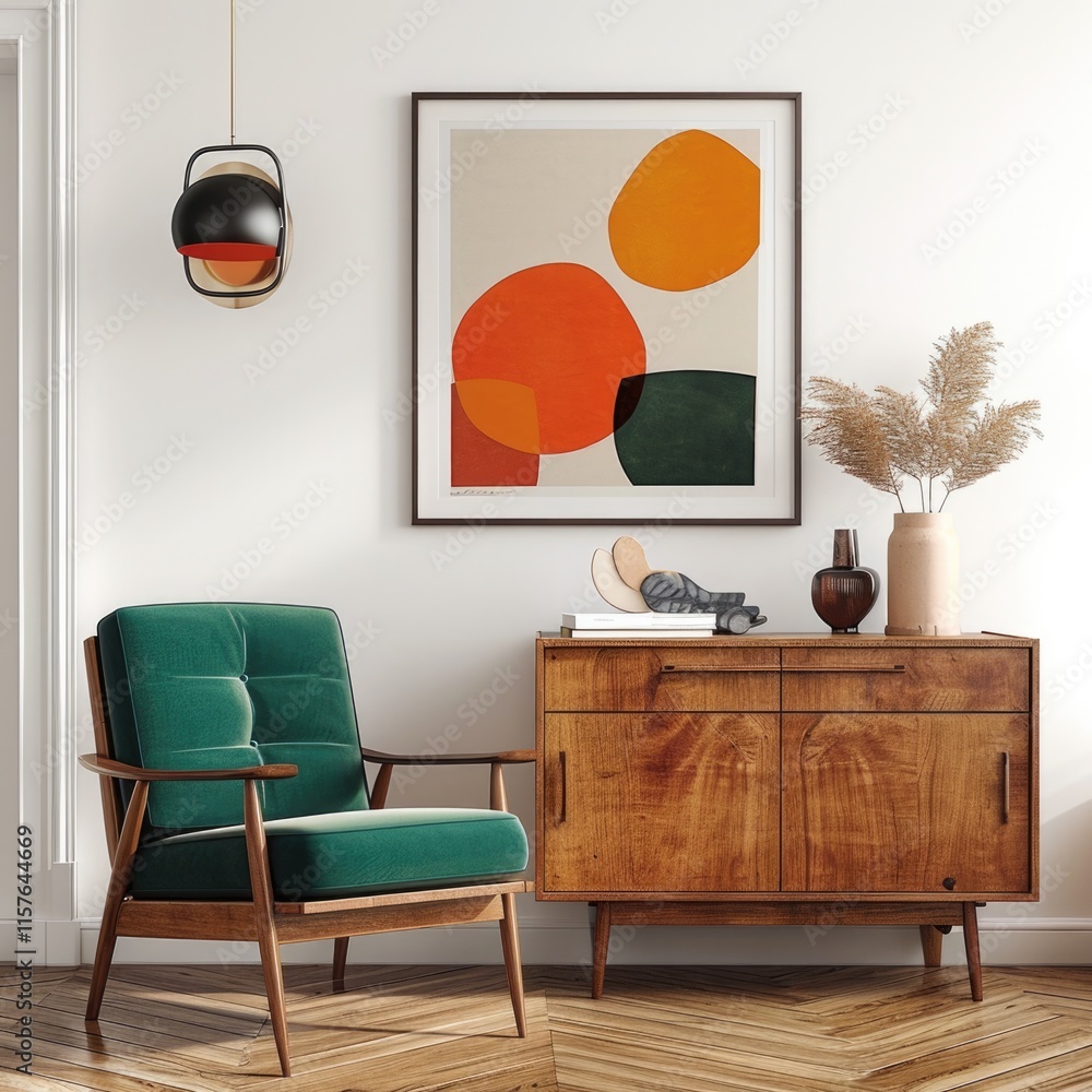 Obraz premium Mid-Century Living Room Interior with Turquoise Chair and Art Poster