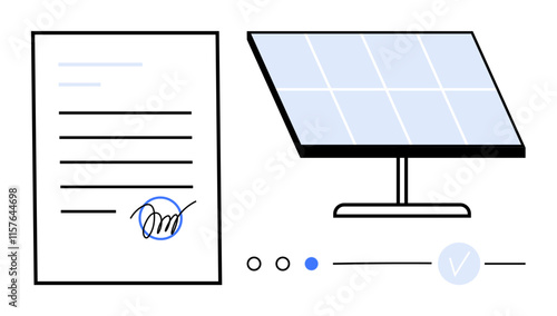 Document with signature, solar panel on stand, progress indicators, and checkmark. Ideal for renewable energy, legal agreements, digital signatures, environmental sustainability, technology