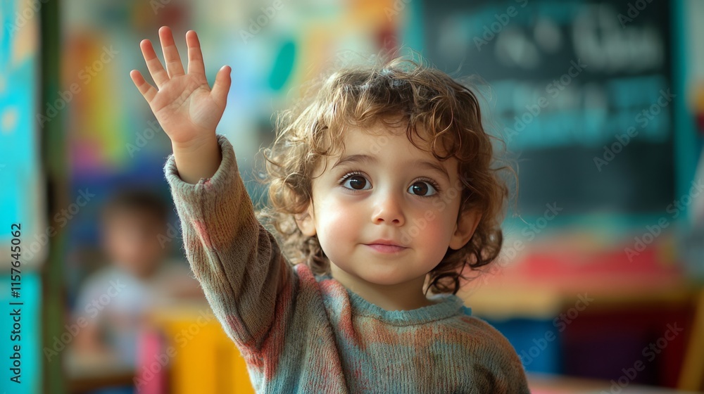 A curious child raising their hand in a colorful classroom, other children and a chalkboard blurred in the background A curious child raising their hand in a colorful classroom, other children and a chalkboard blurred in the background