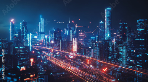 Smart digital Innovation city with connection network reciprocity over the cityscape. of future smart wireless digital city and social media networking systems that connects people with in city