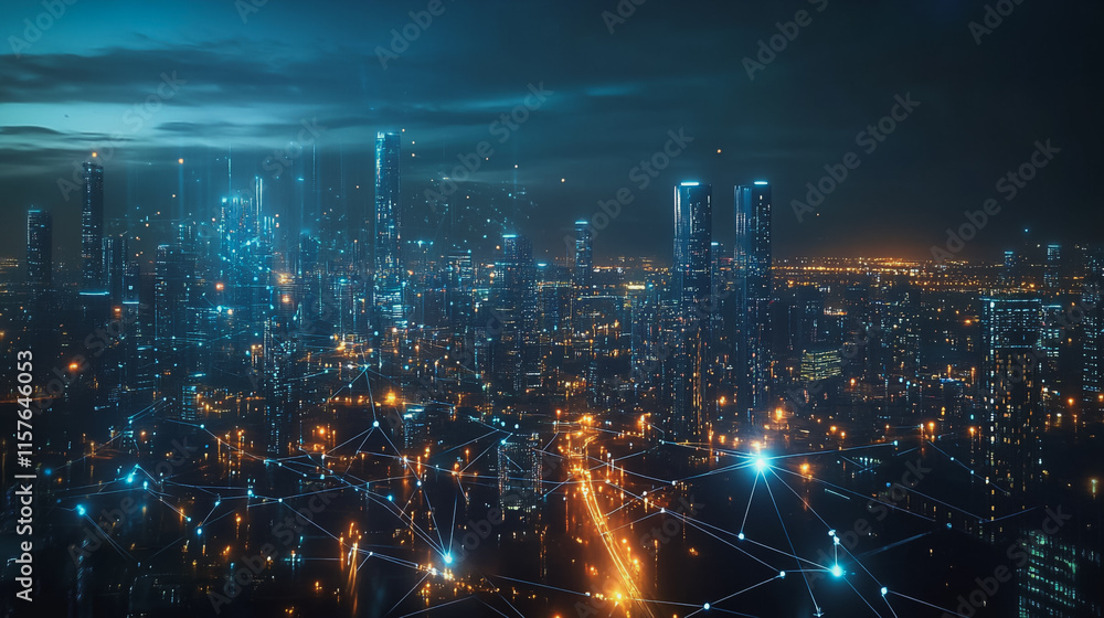 Fototapeta premium Smart digital Innovation city with connection network reciprocity over the cityscape. of future smart wireless digital city and social media networking systems that connects people with in city