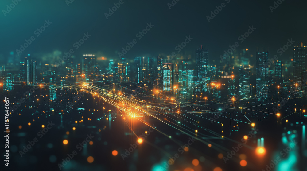 Fototapeta premium Smart digital Innovation city with connection network reciprocity over the cityscape. of future smart wireless digital city and social media networking systems that connects people with in city