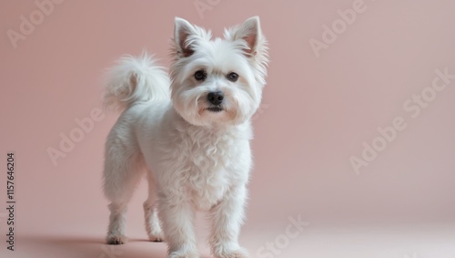A white dog standing in front of a pink background
