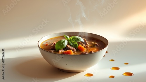 A bowl of beef and vegetable soup with basil on top