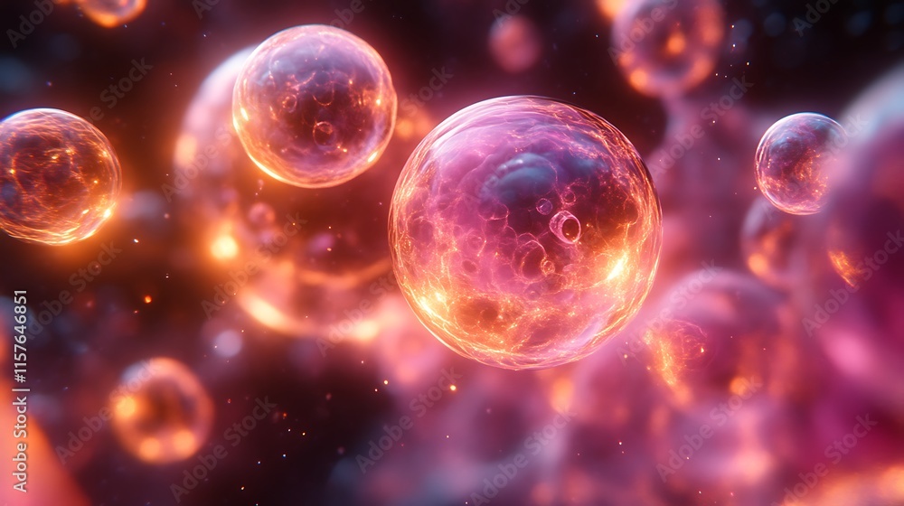 Glowing Spheres in a Cosmic Nebula of Pink and Orange Hues Glowing Spheres in a Cosmic Nebula of Pink and Orange Hues