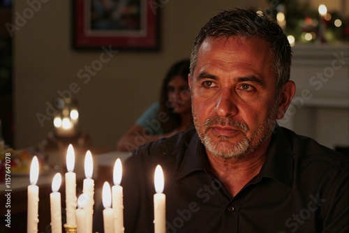 Closeup portrait of solemn mature man with glowing Hanukkah candles lit by soft war lighting celebrating Hanukkah at home copy space photo