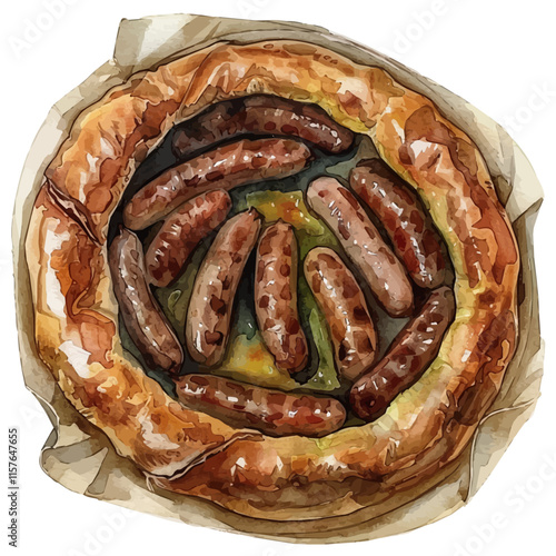 A watercolor of British toad in the hole with sausages, isolated on a white background. Toad in the hole vector.
