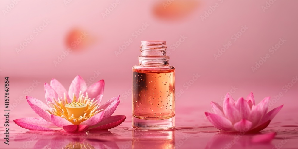 Botanical extracts in a small bottle of clear serum, pink lotus flowers nearby. Botanical extracts in a small bottle of clear serum, pink lotus flowers nearby.