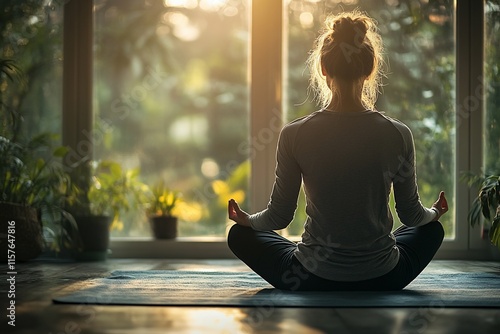 Wallpaper Mural Woman meditating in lotus pose by window. Torontodigital.ca