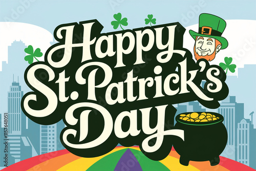 Happy St. Patrick's Day greeting card with leprechaun, pot of gold, rainbow. Retro style. Celebration, holiday, for print, banner, poster design with copy space photo