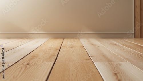 A simple interior scene featuring a wooden floor and wall photo