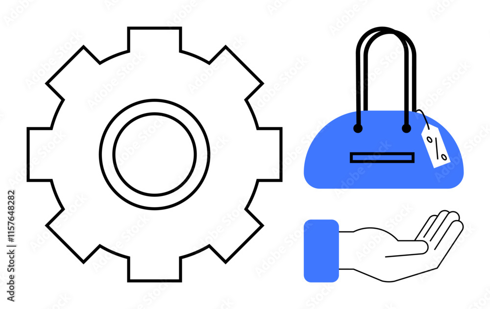 Gear mechanism, hand holding a blue shopping bag with a price tag. Ideal for industry, service, support, retail, commerce, technology and business solutions. Line metaphor Gear mechanism, hand holding a blue shopping bag with a price tag. Ideal for industry, service, support, retail, commerce, technology and business solutions. Line metaphor