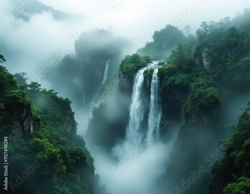 Majestic waterfall cascading down misty mountains. Serene nature scene for travel, adventure, and relaxation. Perfect for Earth Day, posters, and banners.