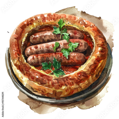 A watercolor of British toad in the hole with sausages, isolated on a white background. Toad in the hole vector.
