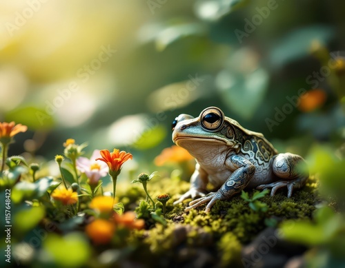 Colorful frog sitting on leaf in vibrant garden. Cute animal for Earth Day, spring, and nature themes. Great for posters, cards, and invitations. photo